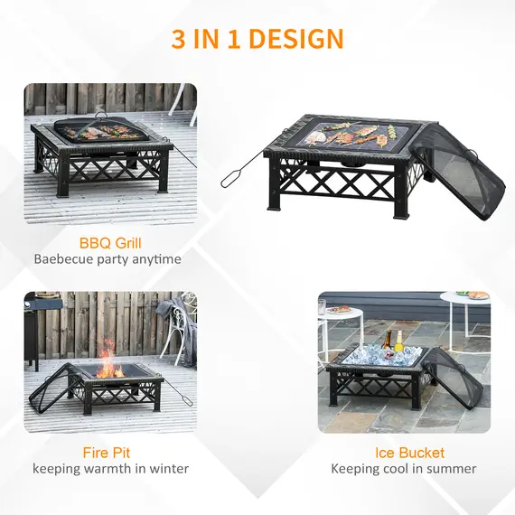 Buy Large Outdoor Fire Pit Table, 3 in 1 Square Wood Burning Firepit Metal Brazier, BBQ Grill, Ice Bucket w/ Grill Grate, Log Grate, Lid, Poker for Garden, Camping, Bonfire, 76 x 76 x 47cm, Black, 4 image