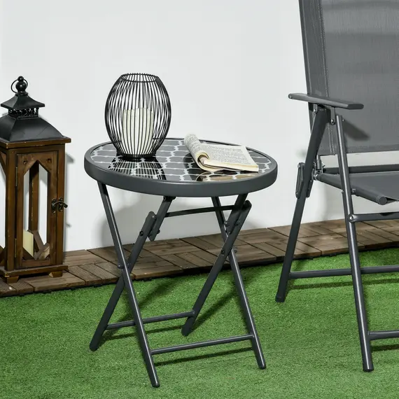 Buy 45cm Garden Side Table, Outdoor Round Folding Patio Table with Imitation Marble Glass Top, Small Coffee Table, Black and White, 2 image