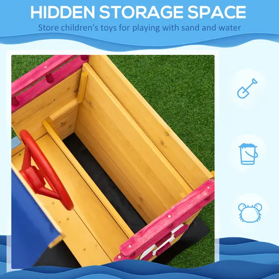 Buy Kids Wooden Sand Pit Children Sandbox Pirate Ship Sandboat Play Station for Outdoor w/ Canopy Shade Storage Bench Bottom Liner, 7 image