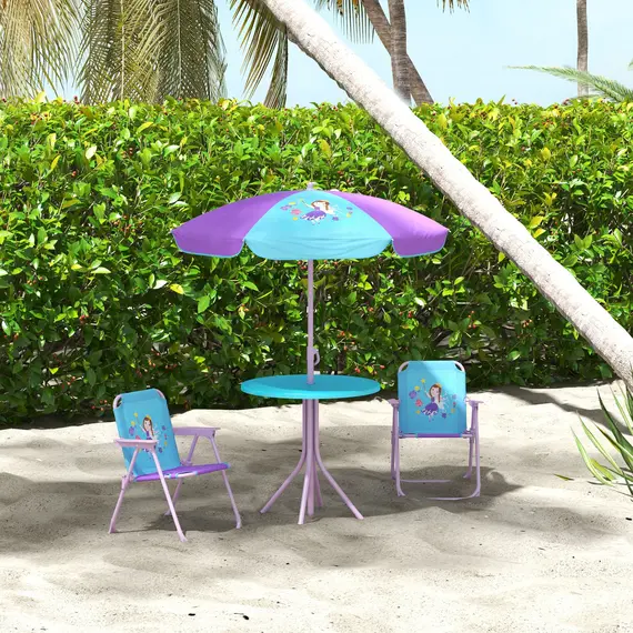 Buy Kids Picnic Table and Chair Set, Fairy Themed Outdoor Garden Furniture w/ Foldable Chairs, Adjustable Parasol, 9 image