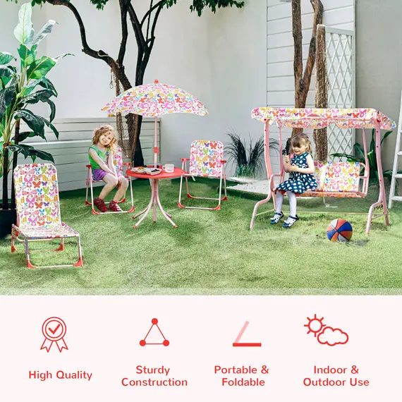 Buy Kids Outdoor Bistro Table and Chair Set Butterfly Pattern Garden Patio Backyard with Removable & Height Adjustable Parasol, 4 image