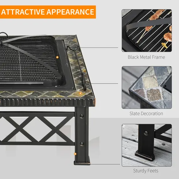 Buy Large Outdoor Fire Pit Table, 3 in 1 Square Wood Burning Firepit Metal Brazier, BBQ Grill, Ice Bucket w/ Grill Grate, Log Grate, Lid, Poker for Garden, Camping, Bonfire, 76 x 76 x 47cm, Black, 6 image