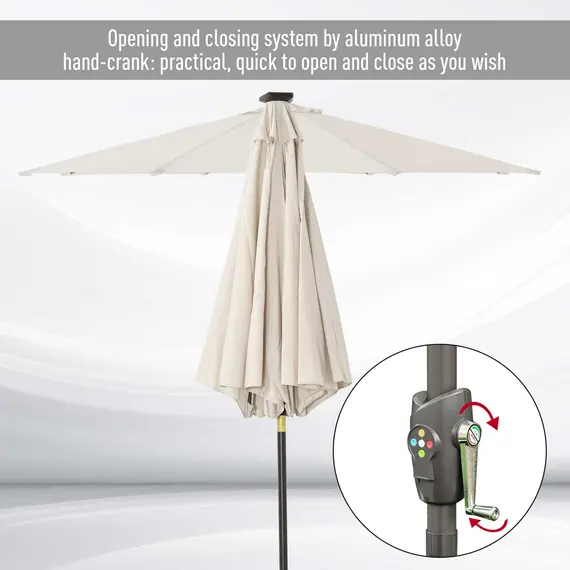 Buy Î¦2.7m Garden 24 LED Light Parasol Solar Outdoor Tilt Sun Umbrella Patio Club Party Event Manual Sun Shade w/ Hand Crank and 8 Ribs, Off-white, 7 image