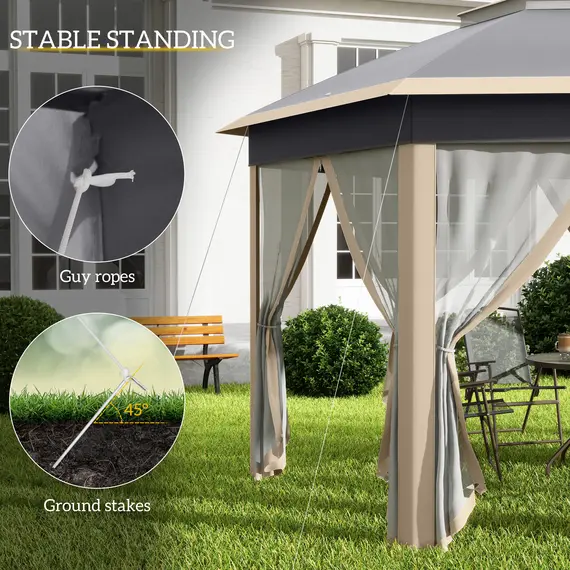 Buy Hexagon Pop Up Gazebo Outdoor Patio Gazebo Double Roof Instant Shelter with Netting, 3 x 4m, Khaki, 6 image