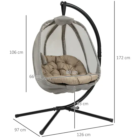 Buy Hanging Egg Chair, Folding Texteline Swing Hammock with Side Pocket, Cushion and Stand for Indoor Outdoor, Patio Garden Furniture, Khaki, 3 image