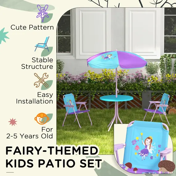 Buy Kids Picnic Table and Chair Set, Fairy Themed Outdoor Garden Furniture w/ Foldable Chairs, Adjustable Parasol, 6 image