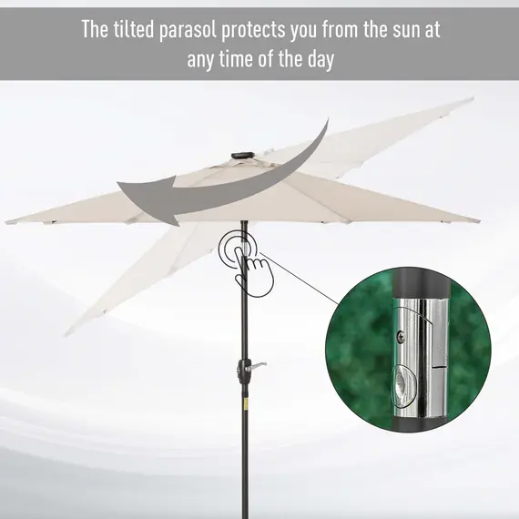 Buy Î¦2.7m Garden 24 LED Light Parasol Solar Outdoor Tilt Sun Umbrella Patio Club Party Event Manual Sun Shade w/ Hand Crank and 8 Ribs, Off-white, 6 image