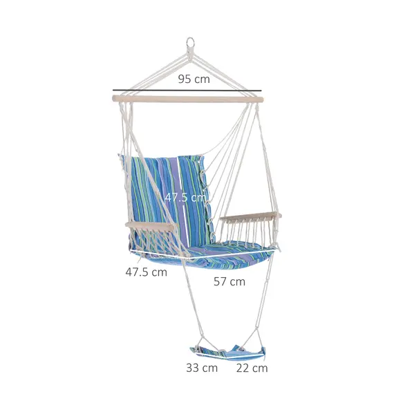 Buy Hanging Rope Chair with Soft Padded Seat & Backrest, Portable Garden Hammoc Chair with Wooden Support Bar, Armrests, Cotton Cloth, Footrest, for Patio & Tree, Blue, 3 image