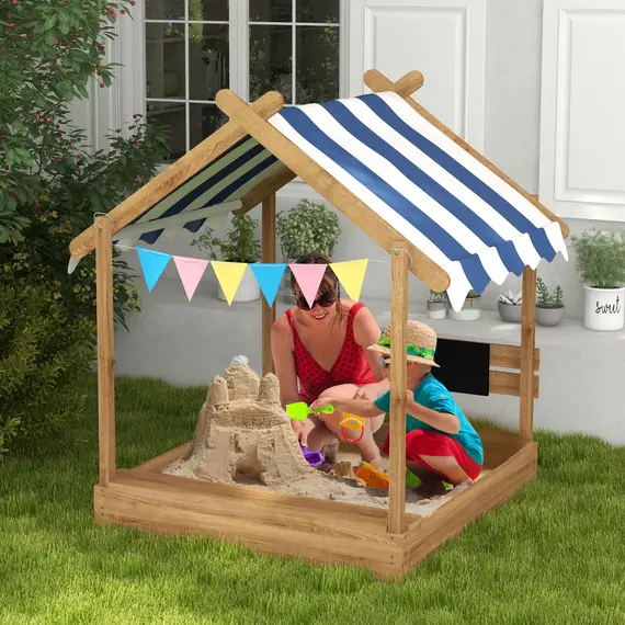 Buy House-Designed Wooden Sandbox, Outdoor Sandpit, with Blackboard, Toys, Sink, Seats, Flags, for Ages 3-7 Years - Brown, 2 image