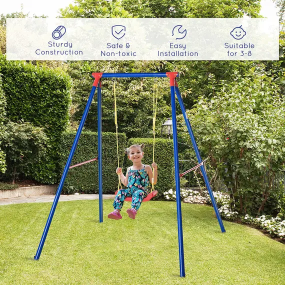 Buy Kids Swing Set Toddler Swing Adjustable Rope Heavy Duty A-Frame Stand Outdoor Playset for 3-8 Years Old Blue, 5 image