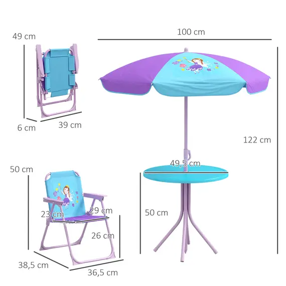 Buy Kids Picnic Table and Chair Set, Fairy Themed Outdoor Garden Furniture w/ Foldable Chairs, Adjustable Parasol, 3 image