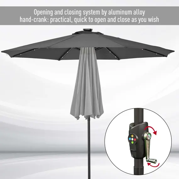 Buy Î¦2.7m Garden 24 LED Light Parasol Solar Outdoor Tilt Sun Umbrella Patio Club Party Event Manual Sun Shade w/ Hand Crank and 8 Ribs, Grey, 6 image