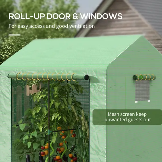 Buy Greenhouse, Walk-in Garden Grow House with Roll-up Door and Mesh Windows, 200 x 140 x 200cm, Green, 6 image
