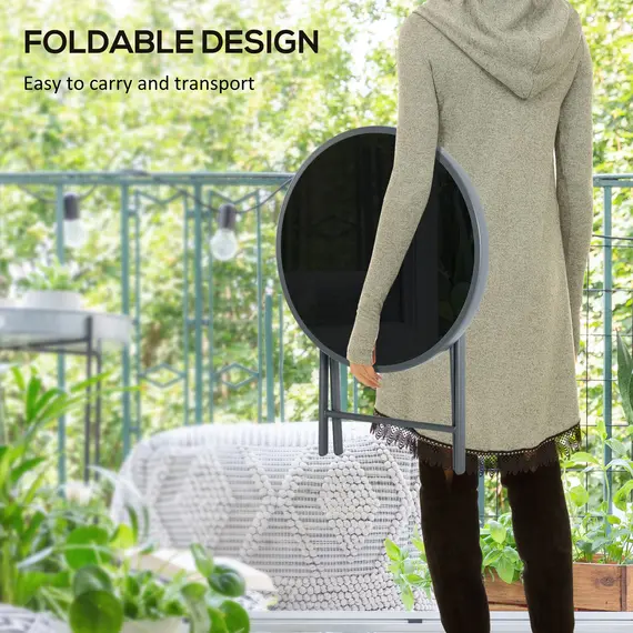 Buy 45cm Garden Side Table, Outdoor Round Folding Patio Table with Imitation Marble Glass Top, Small Coffee Table, Black, 4 image