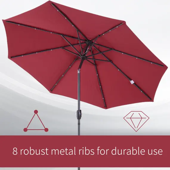 Buy Î¦2.7m Garden 24 LED Light Parasol Solar Outdoor Tilt Sun Umbrella Patio Club Party Event Manual Sun Shade w/ Hand Crank and 8 Ribs, Red, 7 image