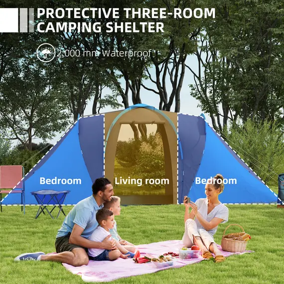 Buy Large Camping Tent Tunnel Tent with 2 Bedroom and Living Area, 2000mm Waterproof, Portable with Bag for 4-6 Man, Blue, 4 image