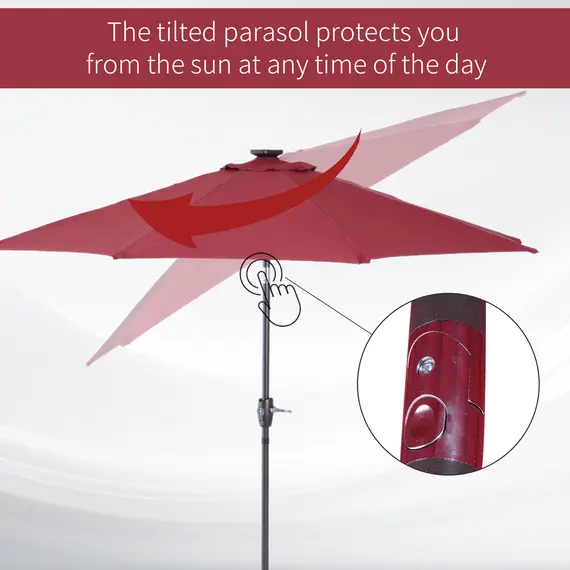 Buy Î¦2.7m Garden 24 LED Light Parasol Solar Outdoor Tilt Sun Umbrella Patio Club Party Event Manual Sun Shade w/ Hand Crank and 8 Ribs, Red, 5 image