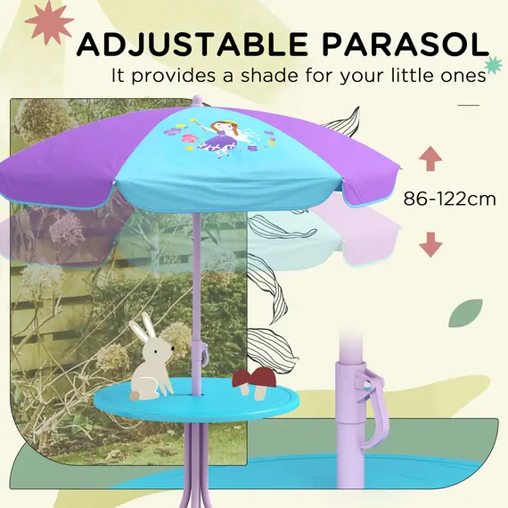 Buy Kids Picnic Table and Chair Set, Fairy Themed Outdoor Garden Furniture w/ Foldable Chairs, Adjustable Parasol, 5 image