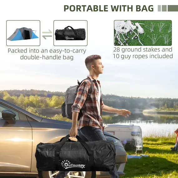 Buy Large Camping Tent Tunnel Tent with 2 Bedroom and Living Area, 2000mm Waterproof, Portable with Bag for 4-6 Man, Blue, 7 image