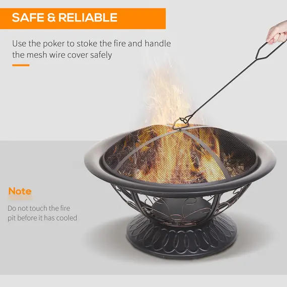 Buy Metal Large Firepit Bowl Outdoor Round Fire Pit Brazier w/ Lid, Log Grate, Poker, Elegant Scrolls for Backyard, Camping, Bonfire, Wood Burning Stove, 76 x 76 x 50cm, Black, 7 image