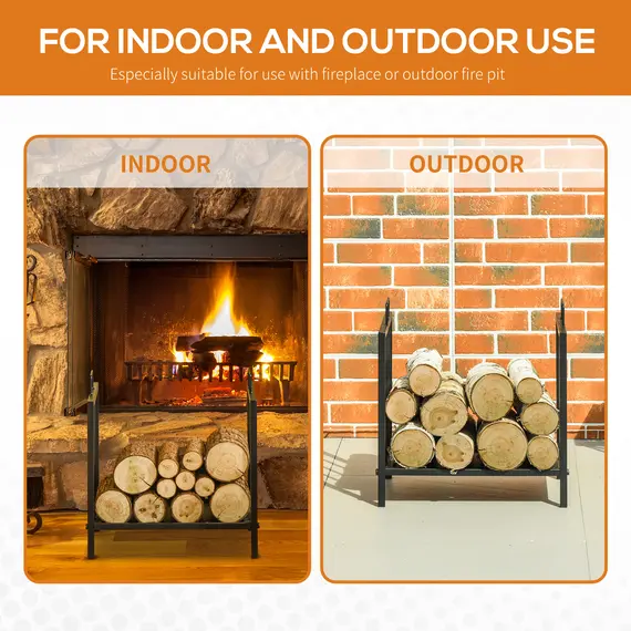 Buy Metal Firewood Log Holder Indoor Outdoor Firewood Rack Fireplace Wood Storage Shelf w/ Handles, Rust-Resistant, Black, 39L x 32.5W x 46Hcm, 6 image