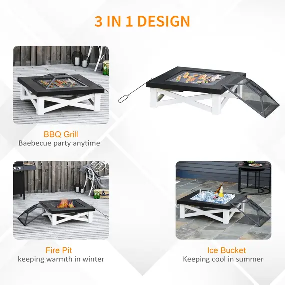 Buy Outdoor 3 in 1 Square Fire Pit Brazier with BBQ Grill, Metal Large Firepit with Lid, Log Grate, Poker for Backyard, Camping, Bonfire, Wood Burning Stove, 86 x 86 x 38cm, Black, 4 image