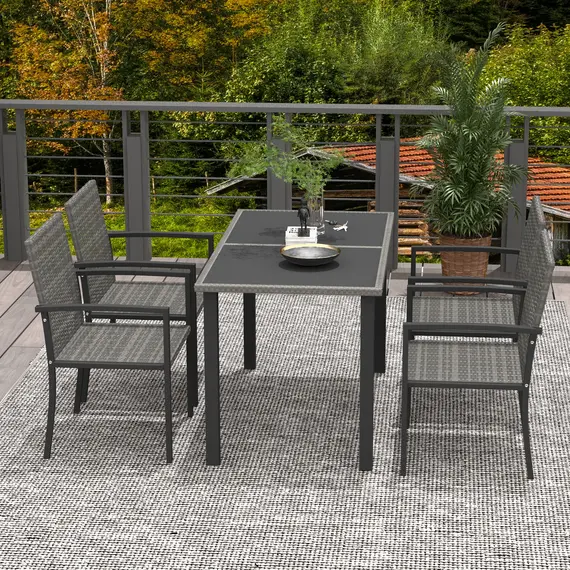 Buy Outdoor Dining Set 5 Pieces Patio Conservatory with Tempered Glass Tabletop,4 Dining Chairs - Grey, 7 image