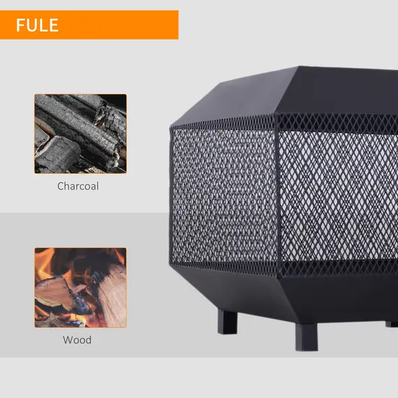 Buy Metal Square Fire Pit Outdoor Mesh Firepit Brazier w/ Lid, Log Grate, Poker for Backyard, Camping, Bonfire, Wood Burning Stove, 44 x 44 x 40cm, Black, 6 image