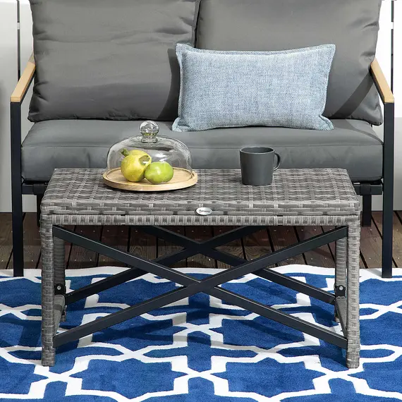 Buy Outdoor Coffee Table, Garden PE Rattan Side Table with Plastic Board Under the Full Woven Table Top and X-Shape Frame for Patio, Balcony, Mixed Grey, 7 image