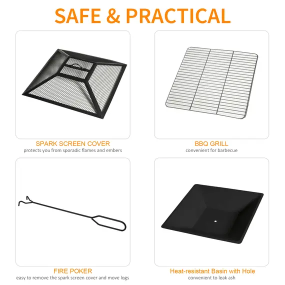 Buy Outdoor 3 in 1 Square Fire Pit Brazier with BBQ Grill, Metal Large Firepit with Lid, Log Grate, Poker for Backyard, Camping, Bonfire, Wood Burning Stove, 86 x 86 x 38cm, Black, 5 image