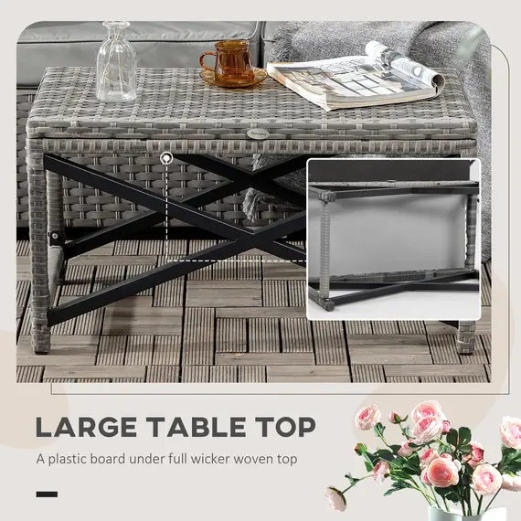 Buy Outdoor Coffee Table, Garden PE Rattan Side Table with Plastic Board Under the Full Woven Table Top and X-Shape Frame for Patio, Balcony, Mixed Grey, 5 image