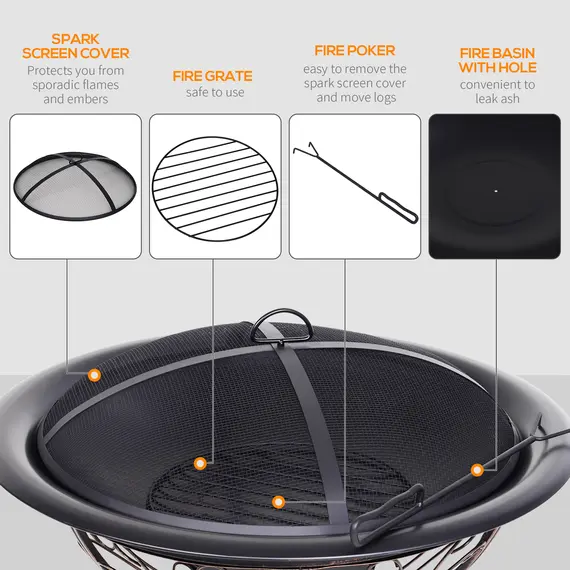Buy Metal Large Firepit Bowl Outdoor Round Fire Pit Brazier w/ Lid, Log Grate, Poker, Elegant Scrolls for Backyard, Camping, Bonfire, Wood Burning Stove, 76 x 76 x 50cm, Black, 4 image