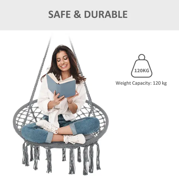 Buy Outdoor Cotton-Polyester Blend Macrame Hanging Rope Chair with Cushion, Portable Garden Chair with Fringe Tassels for Patio, Deck, Tree, Grey, 6 image