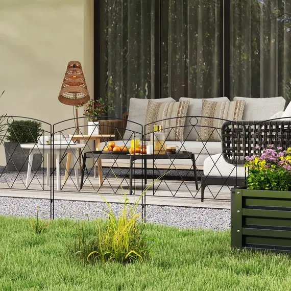 Buy Metal Decorative Outdoor Picket Fence Panels Set of 6, Black, 9 image