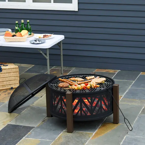 Buy Metal Large Firepit Bowl Outdoor 2-In-1 Round Fire Pit Brazier w/ Lid,  BBQ Grill, Poker for Backyard, Camping, Bonfire, Wood Burning Stove, 78 x 78 x 60cm, Black, 2 image