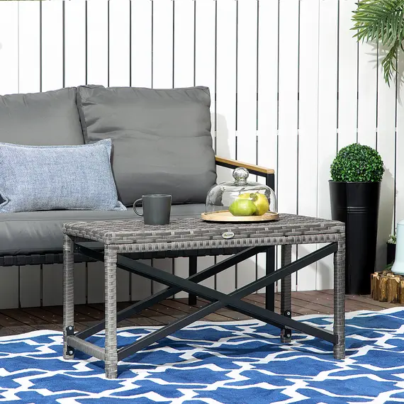 Buy Outdoor Coffee Table, Garden PE Rattan Side Table with Plastic Board Under the Full Woven Table Top and X-Shape Frame for Patio, Balcony, Mixed Grey, 2 image