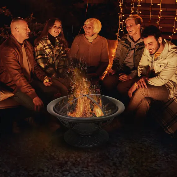 Buy Metal Large Firepit Bowl Outdoor Round Fire Pit Brazier w/ Lid, Log Grate, Poker, Elegant Scrolls for Backyard, Camping, Bonfire, Wood Burning Stove, 76 x 76 x 50cm, Black, 2 image