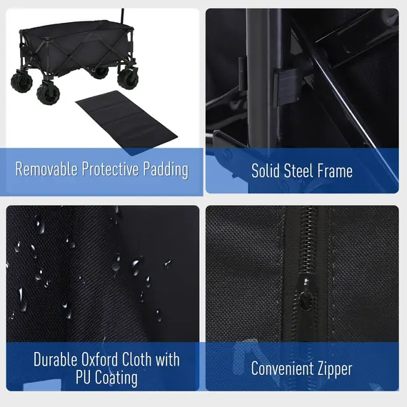 Buy Outdoor Folding Garden Trolley on Wheels, Capming Cargo Wagon Cart Trailer w/ Handle, Wheels for Beach Garden, Black, 5 image