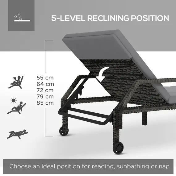 Buy Outdoor Sun Lounger, Rattan Wicker Chaise Recliner with 5-Level Adjustable Backrest and 2 Wheels, 4 image