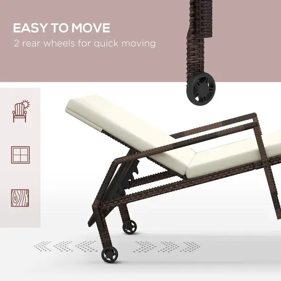 Buy Outdoor Sun Lounger, Rattan Wicker Chaise Recliner with 5-Level Adjustable Backrest and 2 Wheels, 5 image