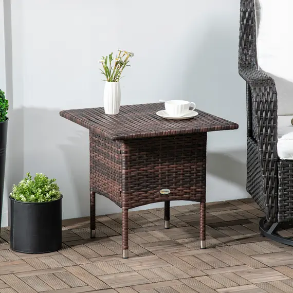 Buy Outdoor Rattan Side Table Coffee Table with Plastic Board, Full Woven Table Top for Patio, Garden, Balcony, Mixed Brown, 2 image