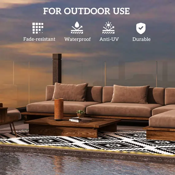 Buy Plastic Straw Reversible RV Outdoor Rug with LED String Light, 182 x 274cm, Black and White, 7 image