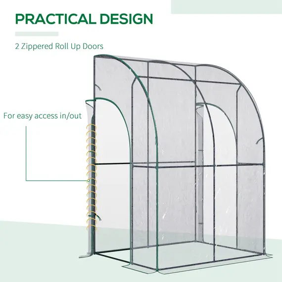 Buy Outdoor Walk-In Lean to Wall Tunnel Greenhouse w/ Zippered Roll Up Door PVC Cover, Clear, Green 143cm x 118cm x 212cm, 6 image