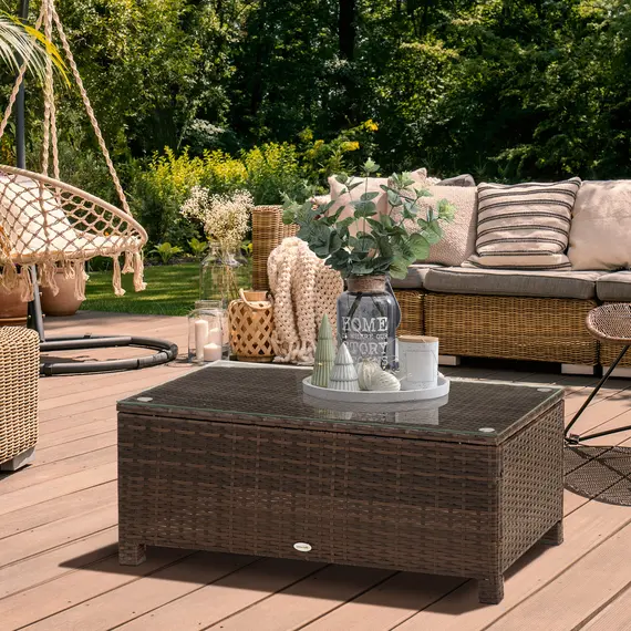 Buy PE Rattan Garden Coffee Table with Glass Table Top - Brown, 2 image