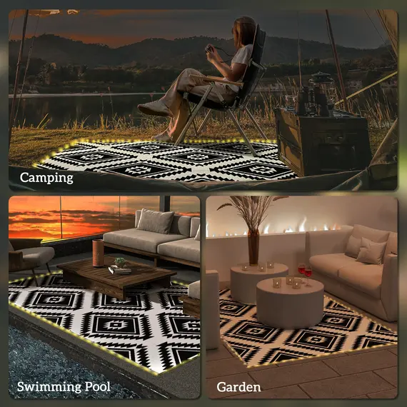 Buy Plastic Straw Reversible RV Outdoor Rug with LED String Light, 182 x 274cm, Black and White, 6 image