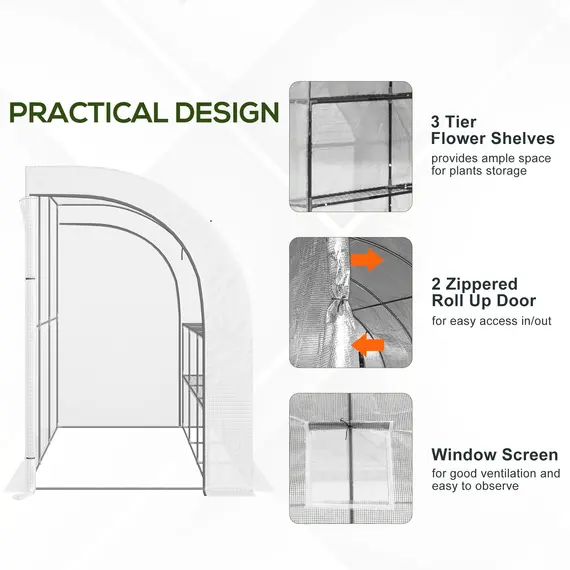 Buy Outdoor Walk-In Greenhouse, Plant Nursery with Zippered Doors, PE Cover and 3-Tier Shelves, White, 300 x 150 x 213 cm, 7 image