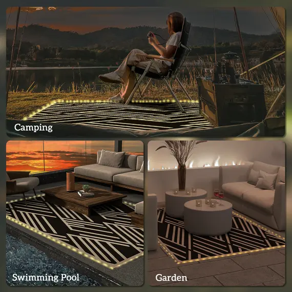 Buy Plastic Straw Reversible RV Outdoor Rug with LED String Light, 182 x 274cm, Black and Coffee, 6 image