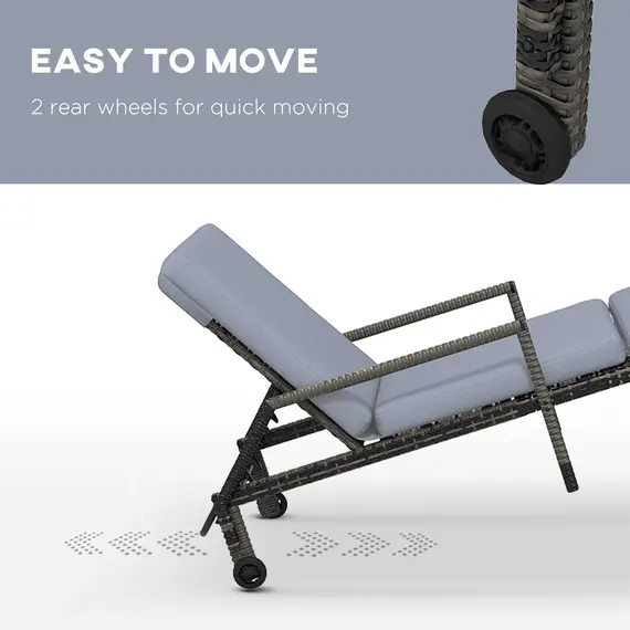 Buy Outdoor PE Rattan Sun Lounger, 5-Level Adjustable Backrest Wicker Outdoor Chaise Recliner, Garden Chair with 2 Wheels, Mixed Grey, 5 image