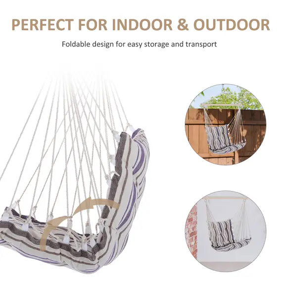 Buy Outdoor Hanging Rope Chair with Soft Padded Seat & Backrest, Garden Hammock Chair with Wooden Support Bar Cotton Cloth, Portable Garden Chair for Patio & Tree, Brown, 6 image