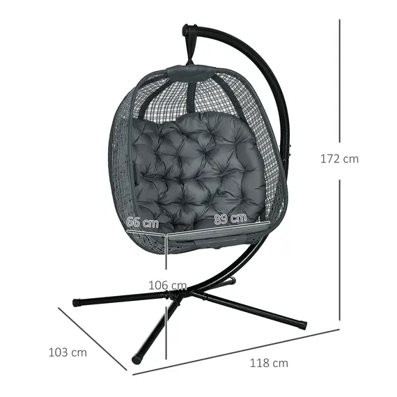 Buy Outdoor Swing Chair with Thick Padded Cushion, Patio Hanging Chair with Metal Stand, Egg Chair with Foldable Basket, Cup Holder, for Indoor and Outdoor, Dark Grey, 3 image